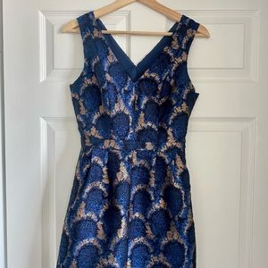 J.CREW Peacock Jacquard Dress Blue + Metallic Gold SIZE 0